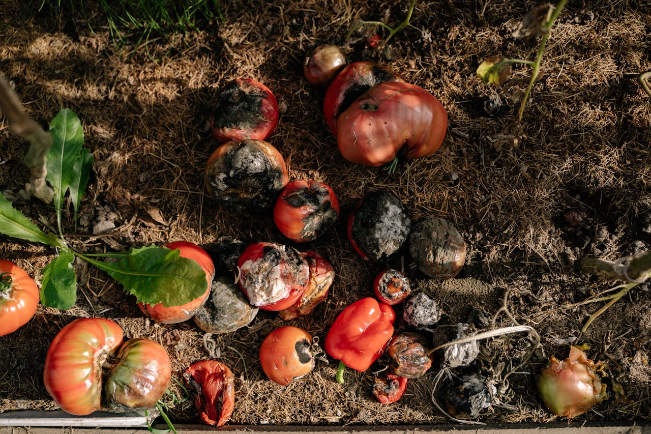 contact-bg Rotten tomatoes and vegetables in a garden illustrating decay.