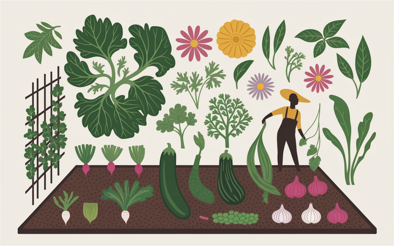 Carré potager courgette, alliés, fleurs et treillis vertical