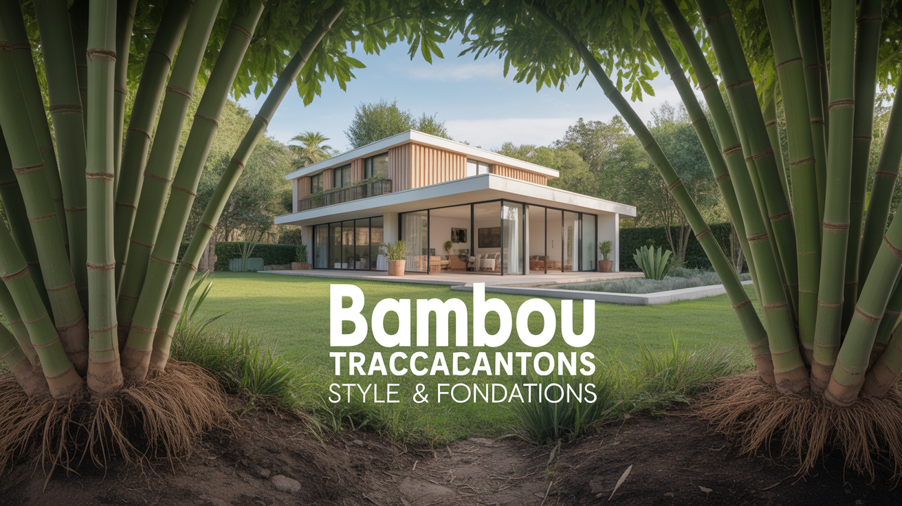 Maison moderne envahie par bambou traçant, rhizomes visibles