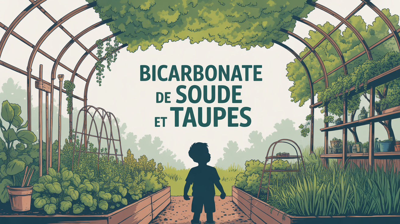 illustration potager famille avec taupinière et outils de jardinage