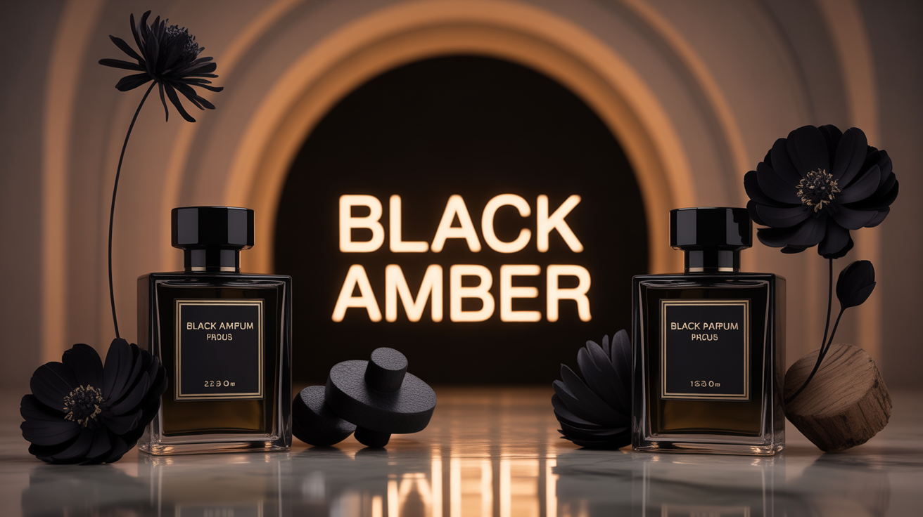 Visuel Black Amber parfum fond sombre avec flacons noirs et éléments olfactifs