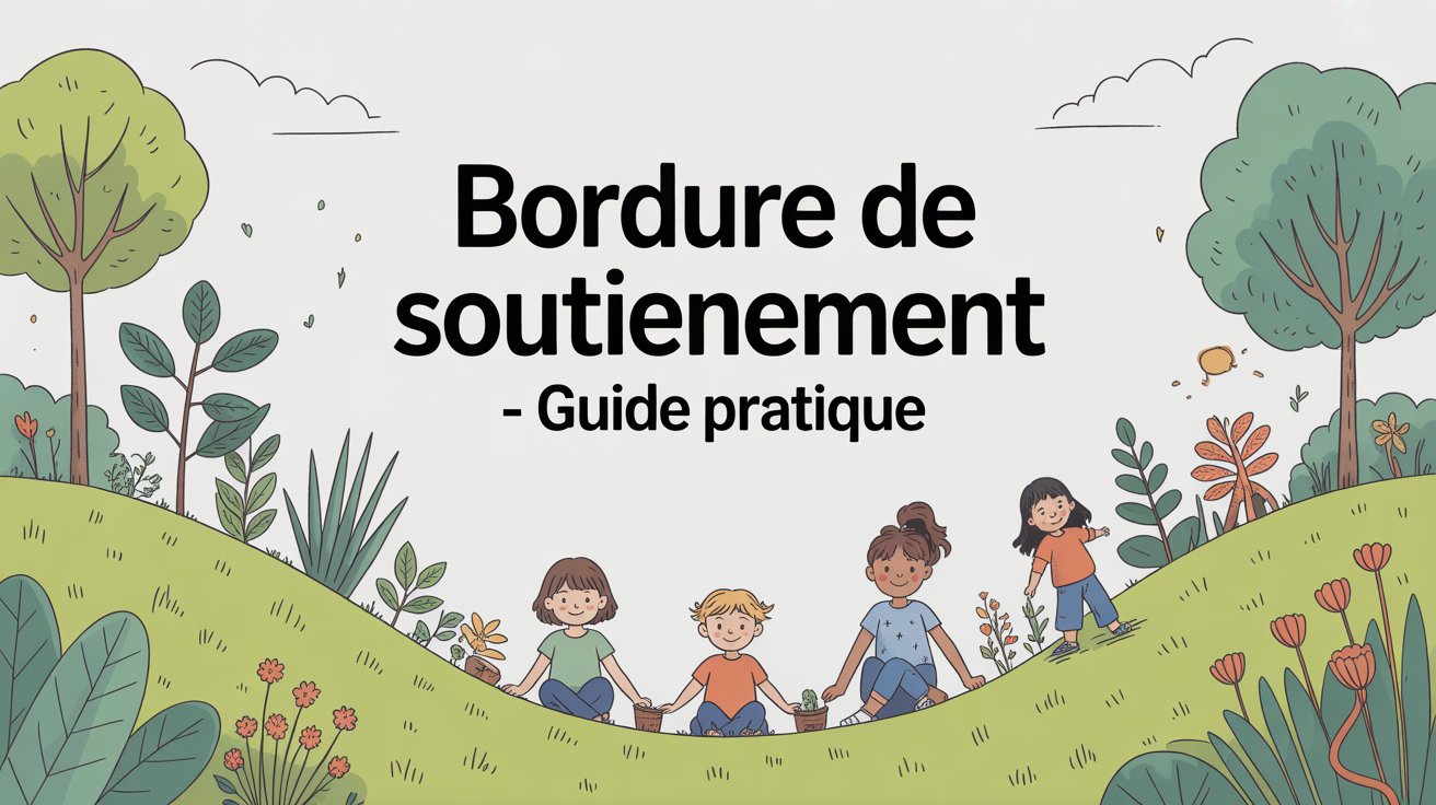 Vue d'un jardin en pente avec bordure de soutènement et enfants jouant