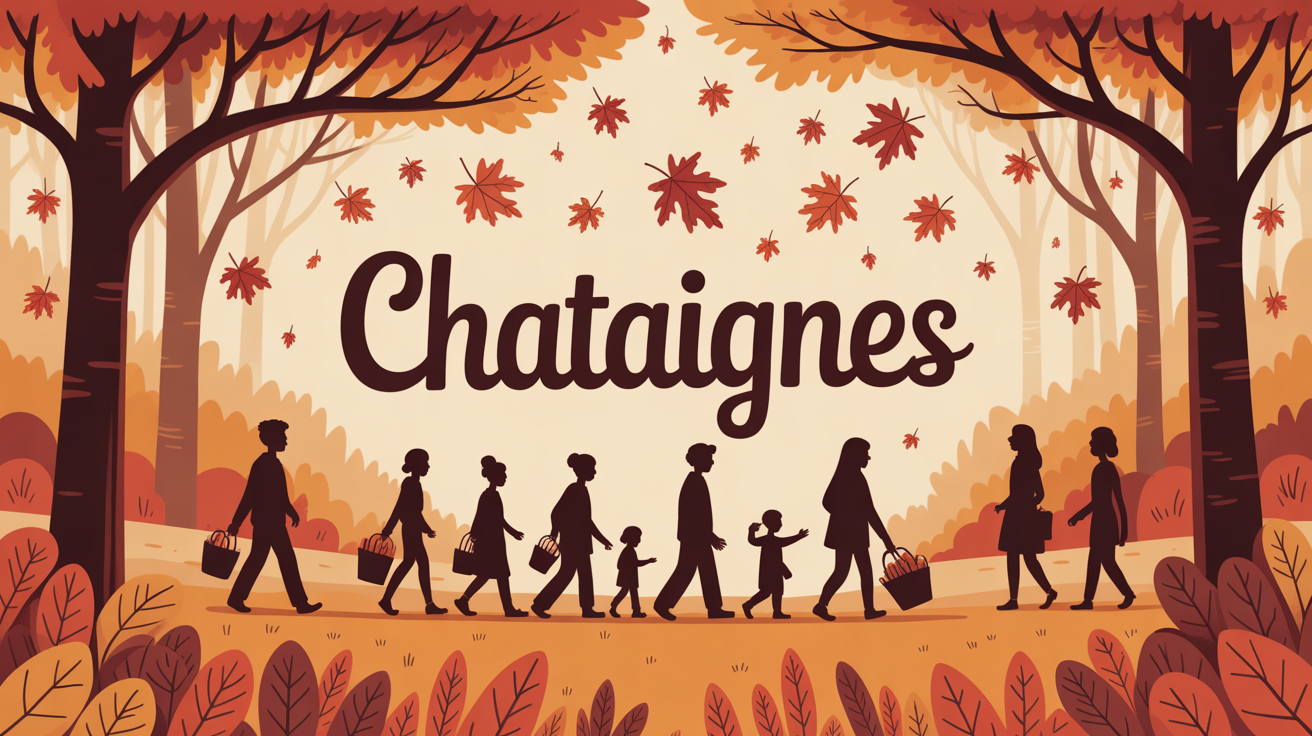 Famille ramasse chataignes en foret automne