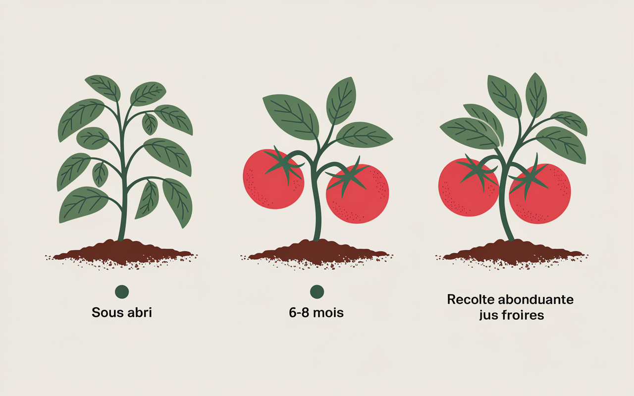 Timeline visuelle de la production d’un plant de tomate cerise sur 6 à 8 mois