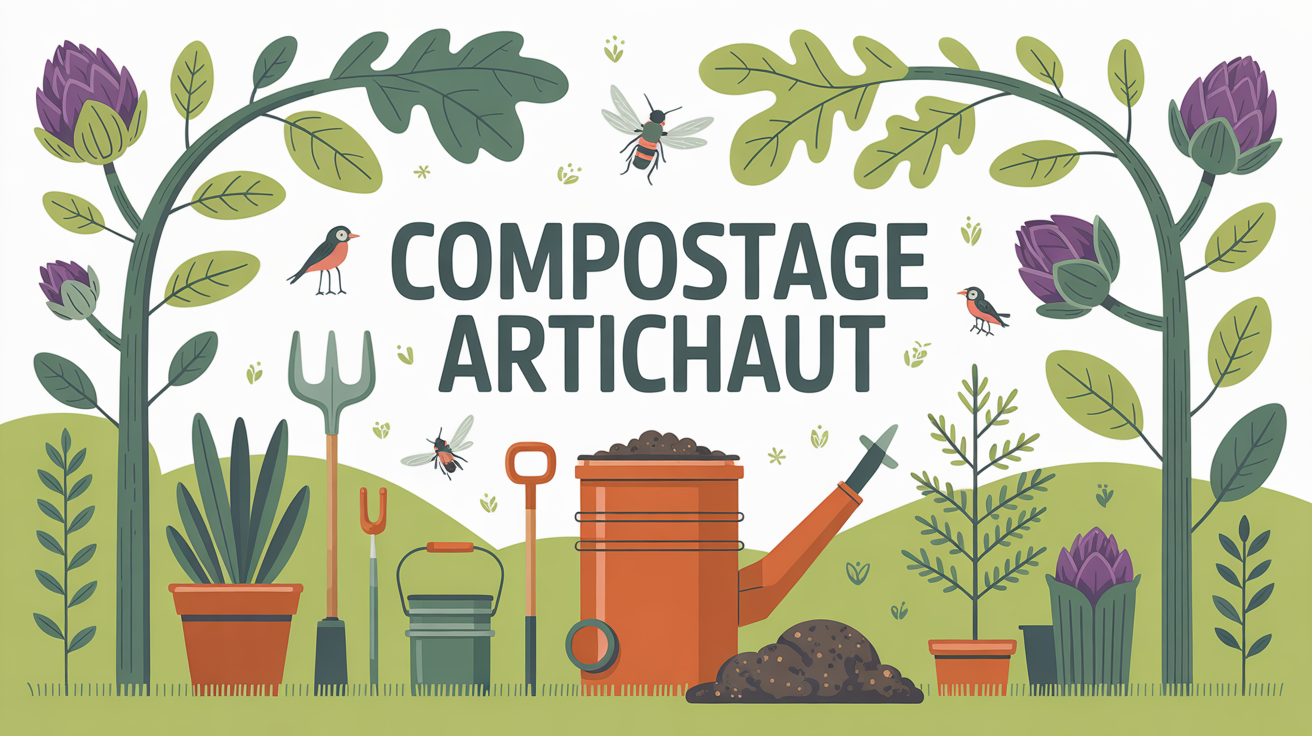 Composteur urbain avec artichaut broyé et outils jardinage