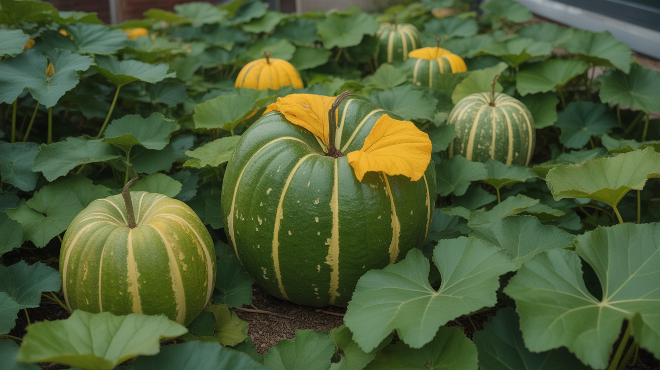 courges vertes et jaunes dans un jardin urbain