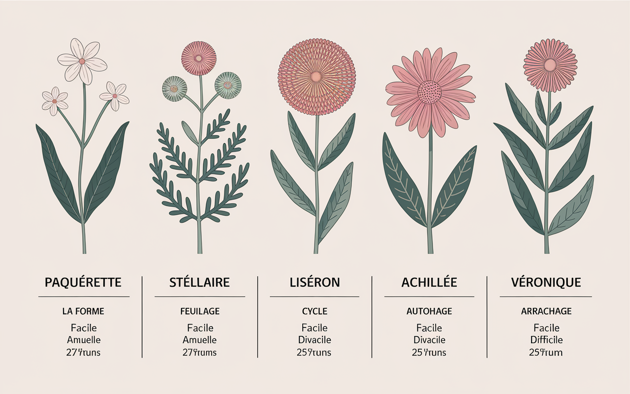 Tableau repères visuels mauvaises herbes fleurs blanches identification