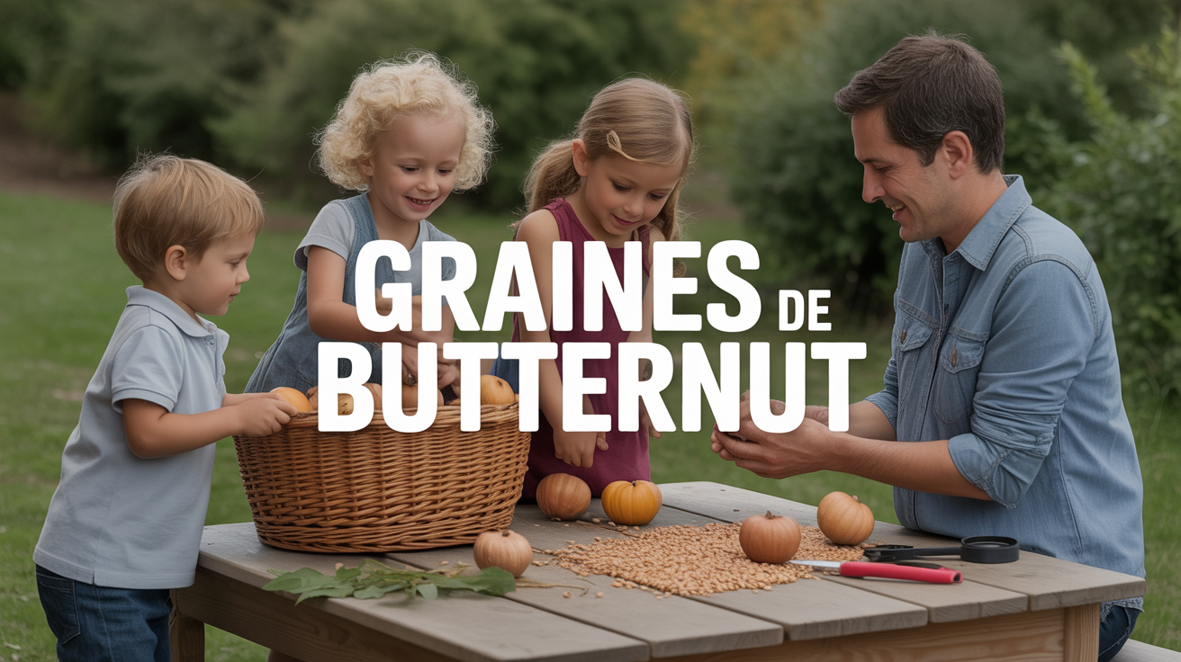 Famille triant des graines de butternut autour d'une table