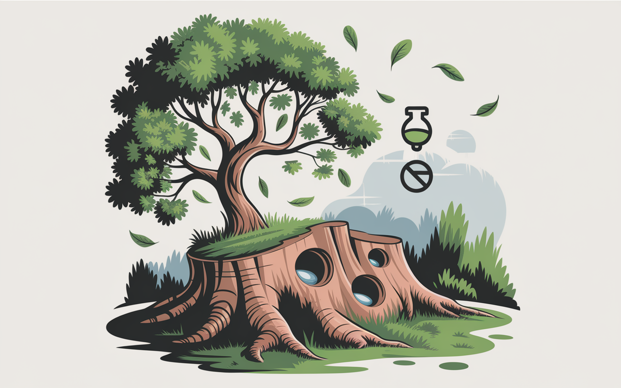 Souche arbre javel trous racines exposees