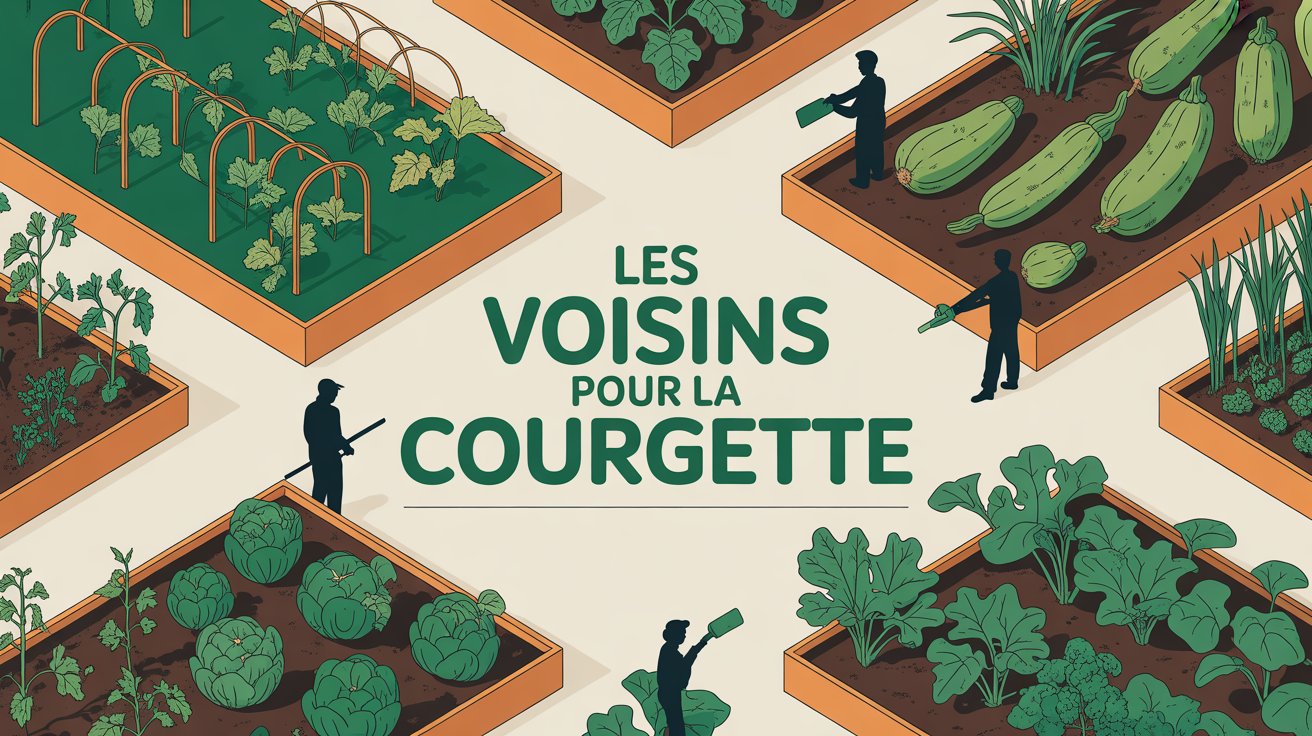 Potager urbain avec courgettes et légumes voisins, vue aérienne