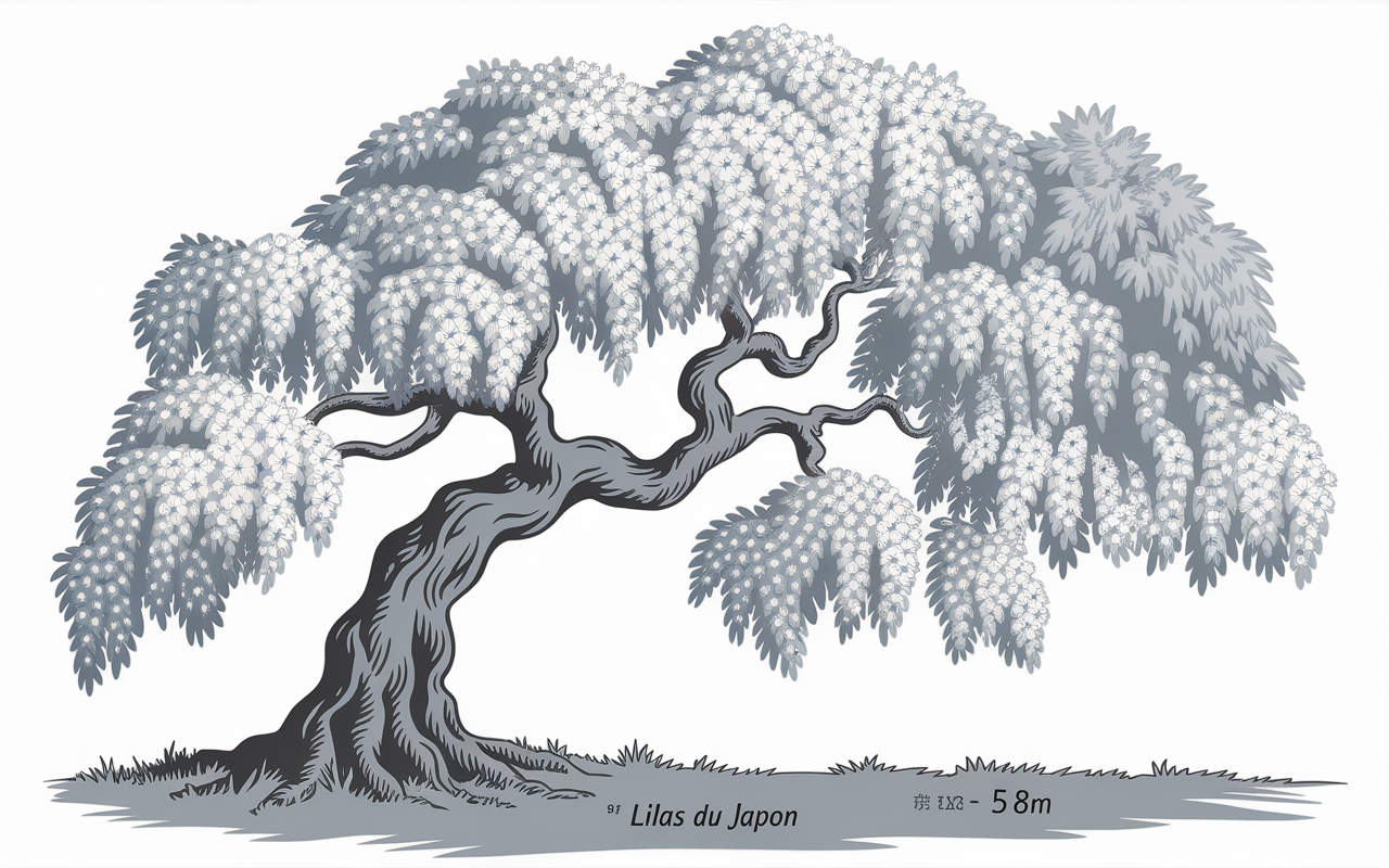 Arbre Lilas du Japon avec fleurs blanches et grandes feuilles, vue botanique