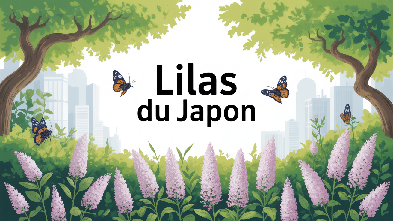 Lilas du Japon en floraison blanche avec abeilles et papillons dans un jardin urbain