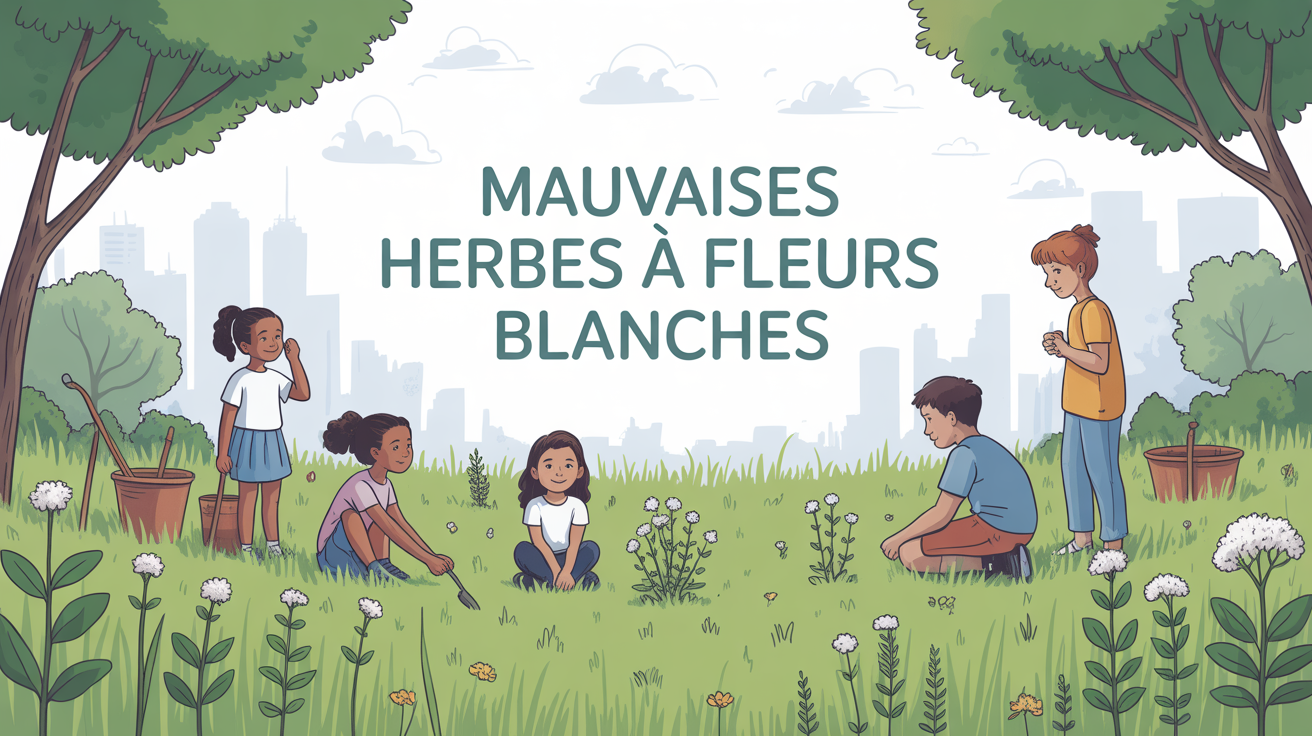 Jardin urbain enfants adultes observant mauvaises herbes à fleurs blanches