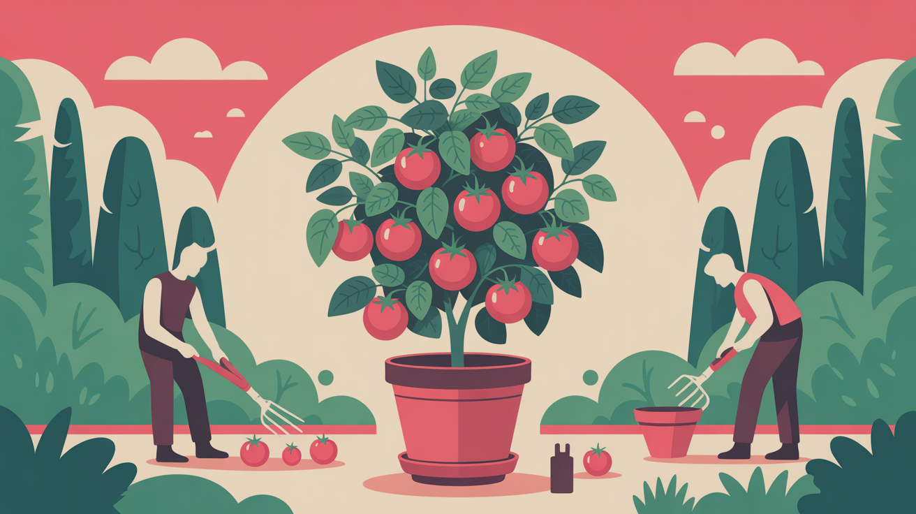 Plant de tomate cerise en pleine croissance dans un jardin ensoleillé