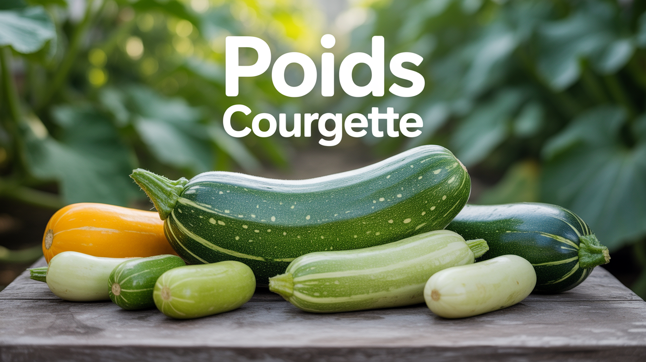 Courgettes de tailles variées sur table bois, focus poids courgette