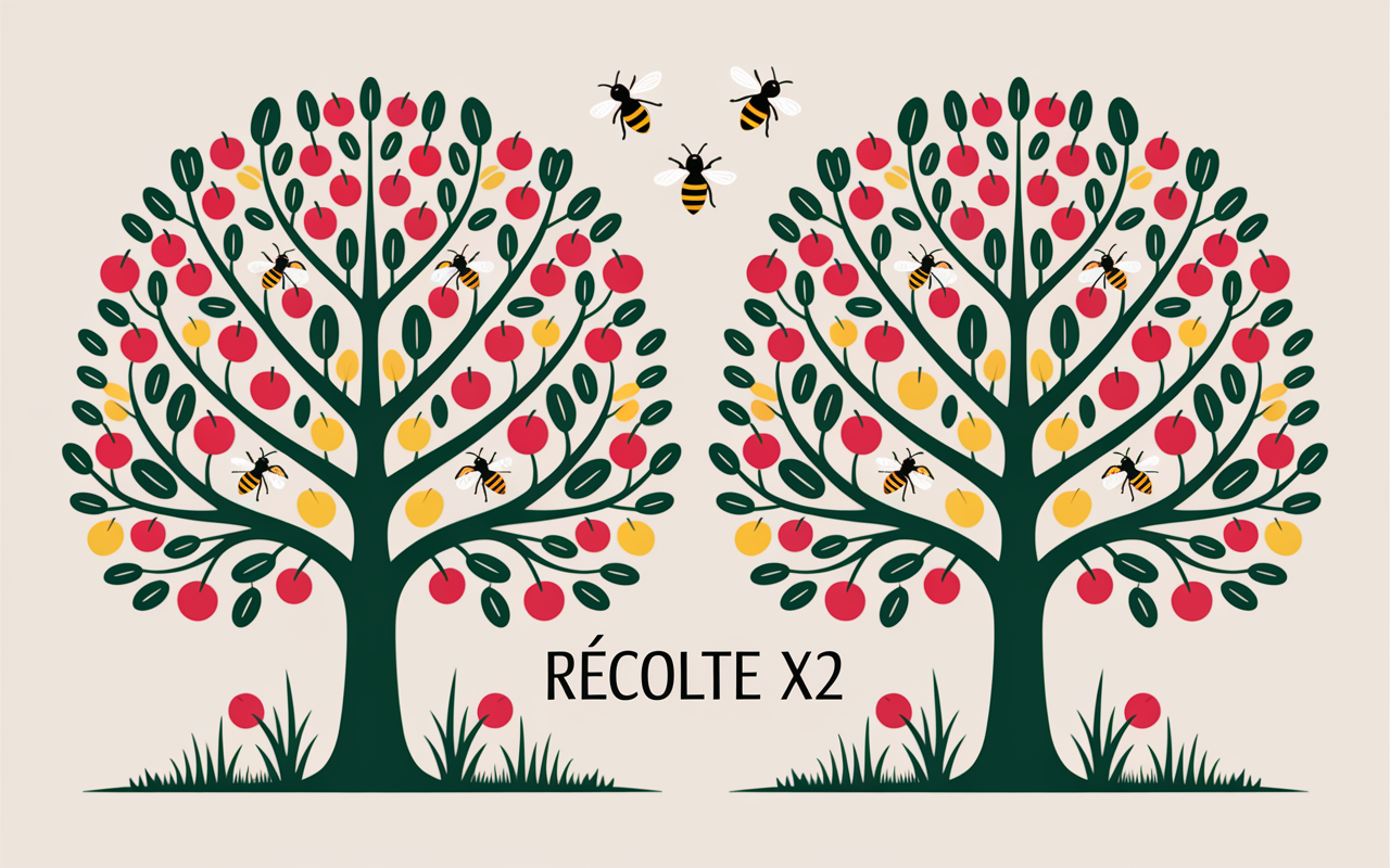 Schéma pollinisation cerisier, abeilles, double récolte