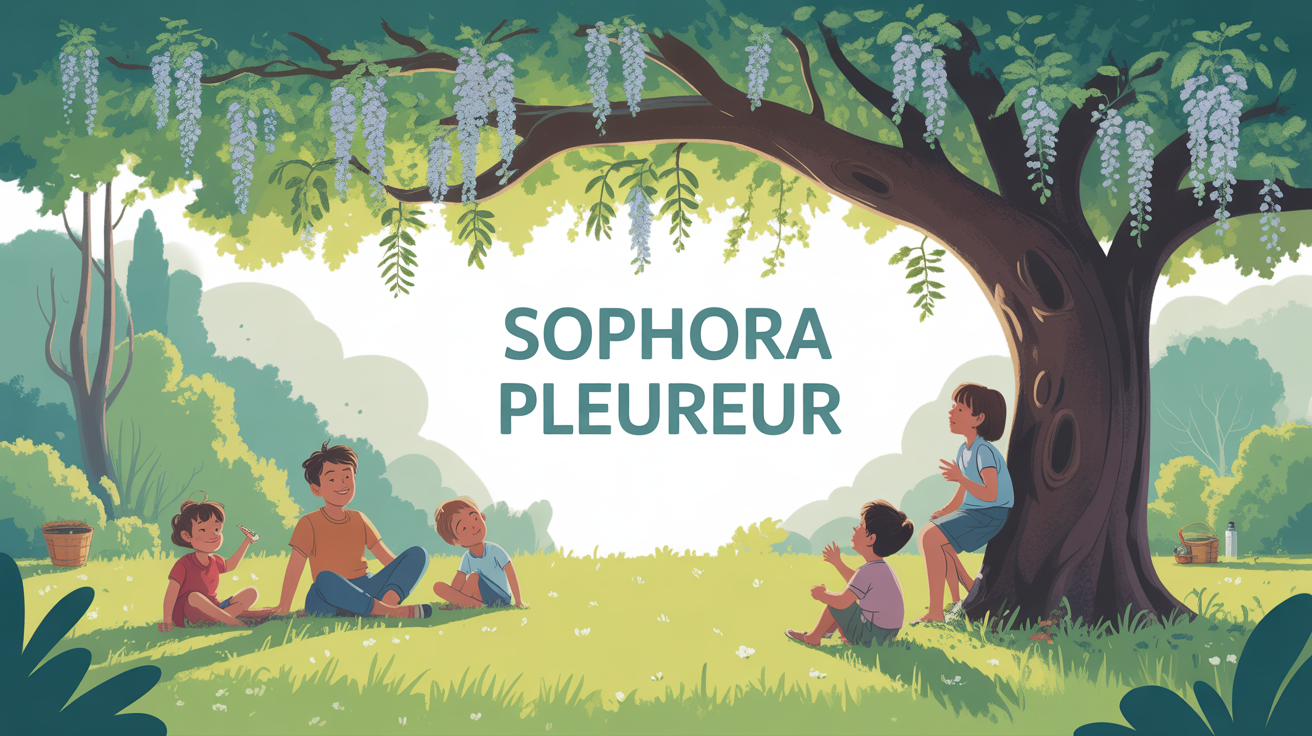 Sophora pleureur majestueux au centre d'un jardin, enfants jouent à l'ombre