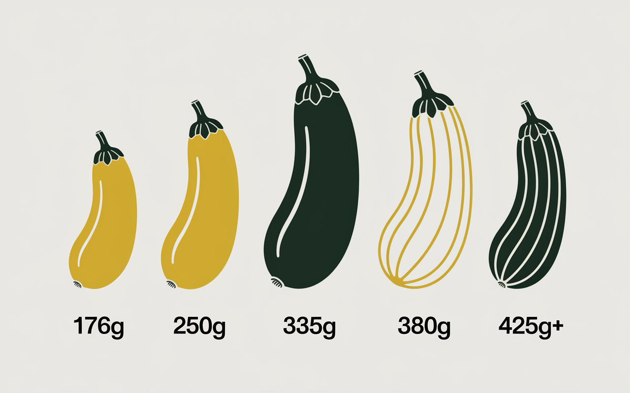 Illustration de 5 courgettes avec poids moyen