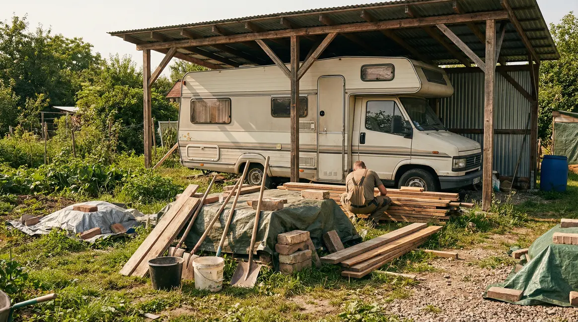 Camping-car sous abri bois métal économique dans jardin