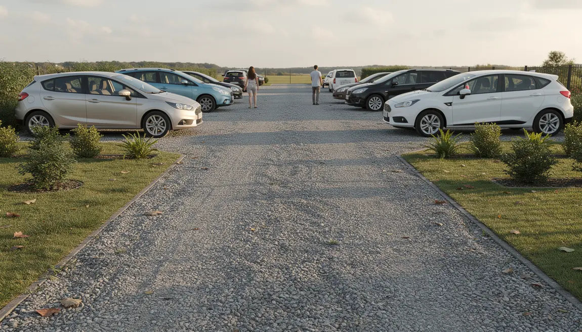 allee carrossable gravier sans stabilisateur avec vehicules et espaces verts