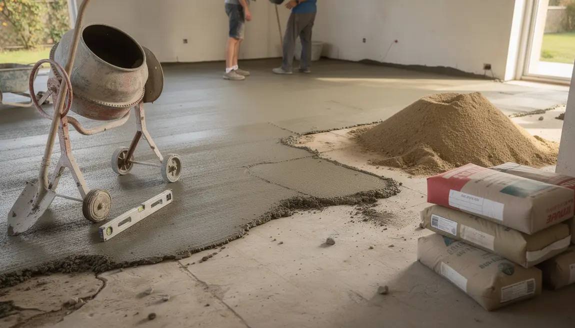 installation chape maigre sur sol préparé avec outillage basique