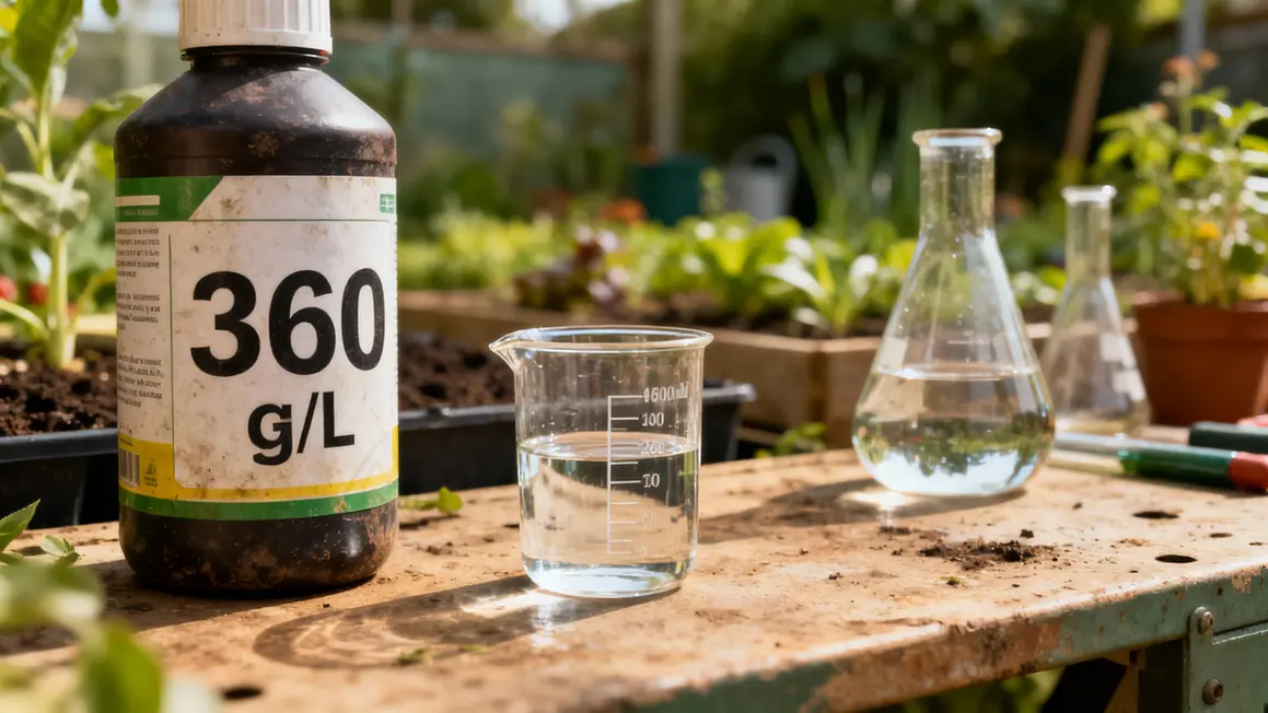 Gros plan etiquette 360 g/L et verre doseur glyphosate 360
