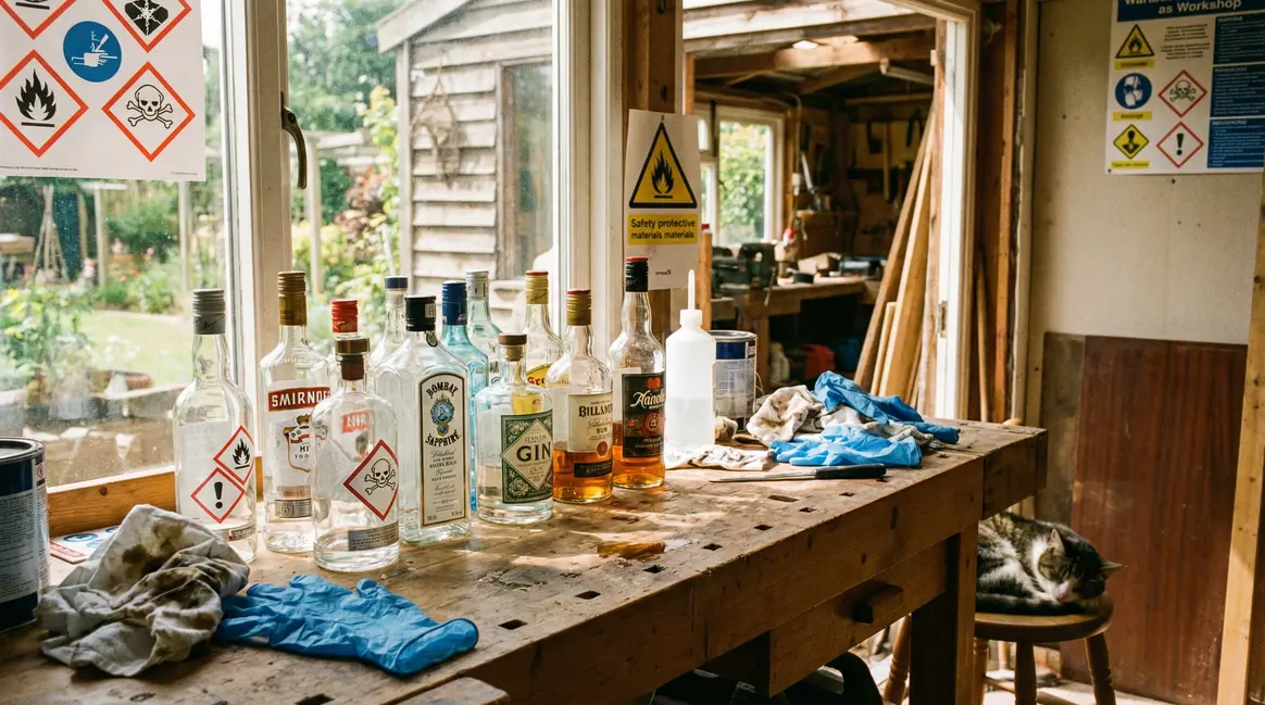 table de travail diluant alcool gants jardin atelier