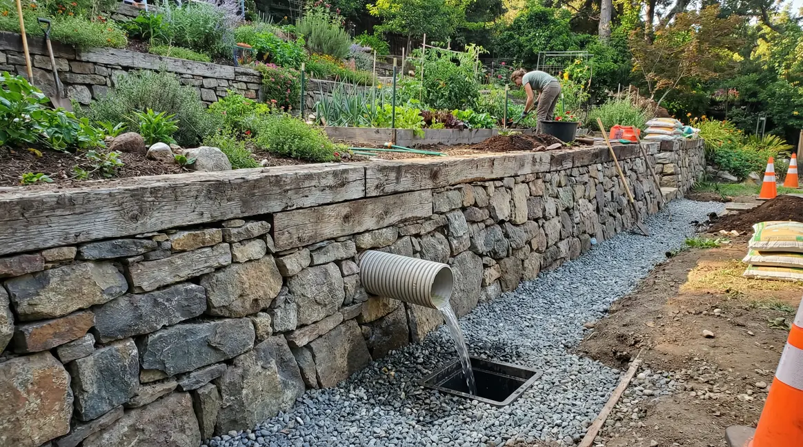mur de soutenement jardin avec drain tuyau et gravier