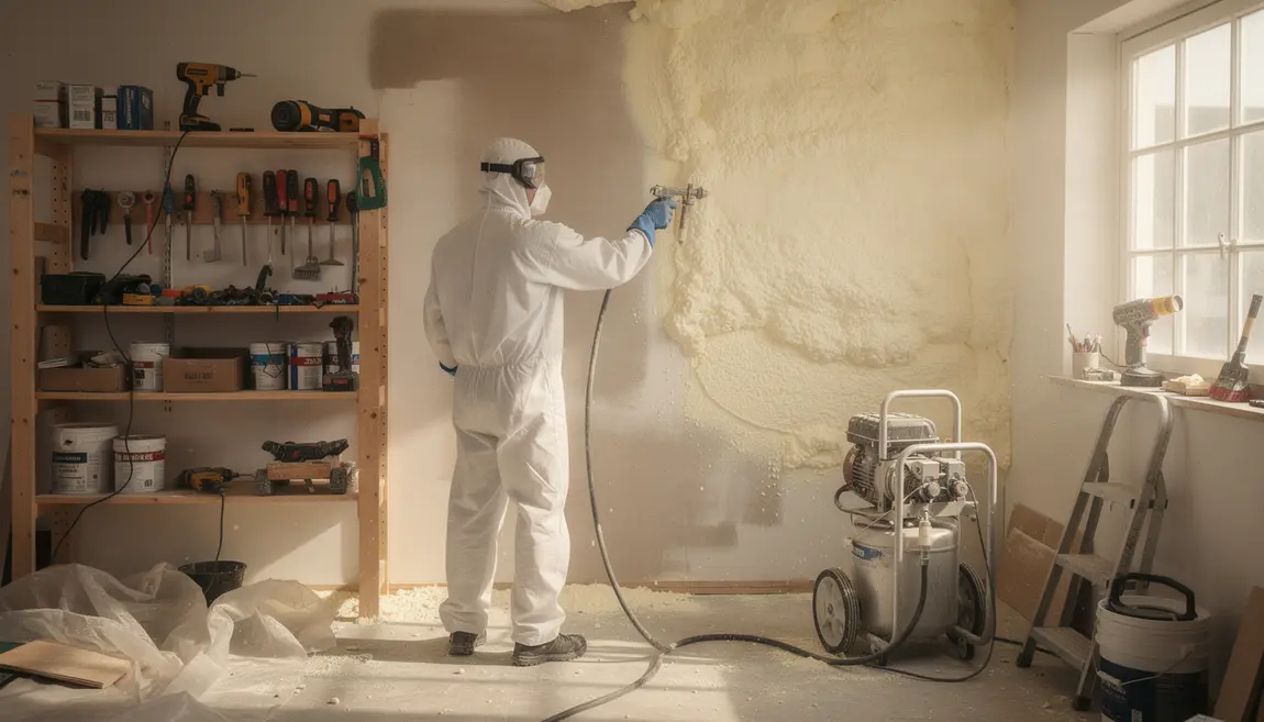 Application de mousse polyuréthane projetée dans un atelier bricolage