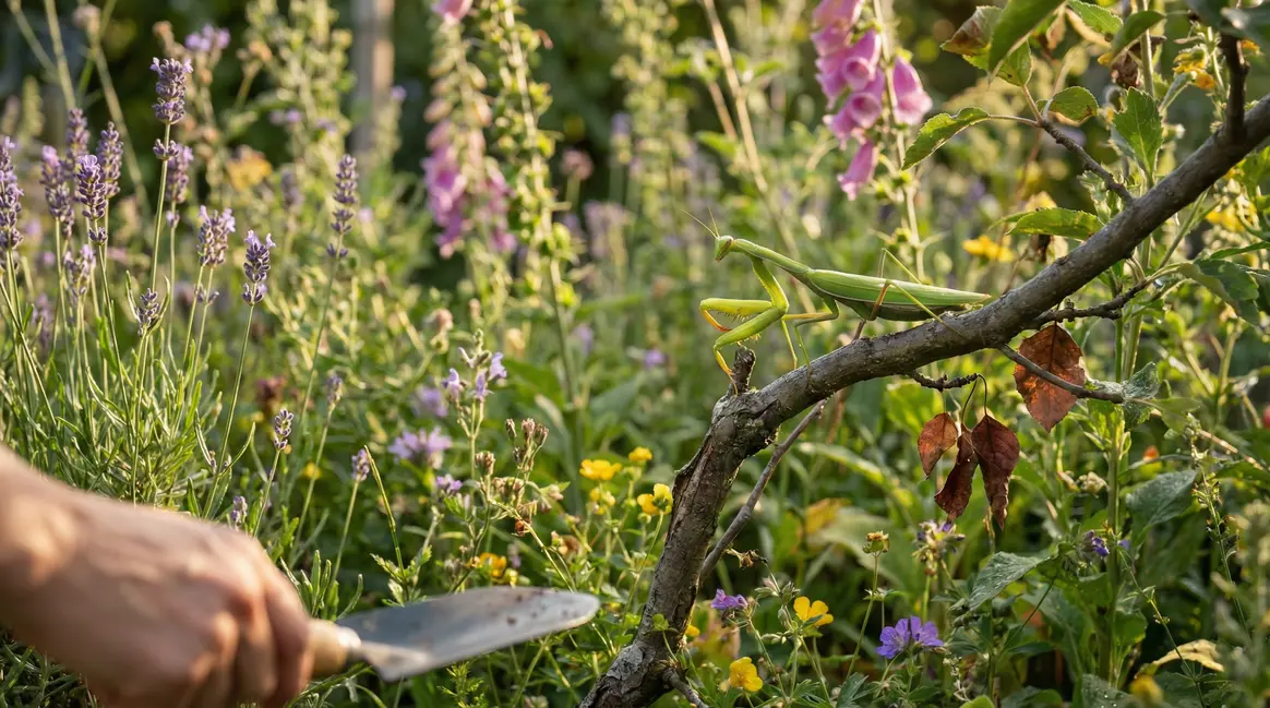 Mante religieuse verte sur branche au jardin