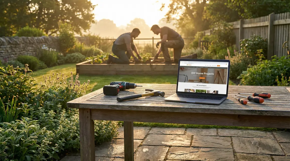 plateforme diy entretien jardin avec outillage et ordinateur