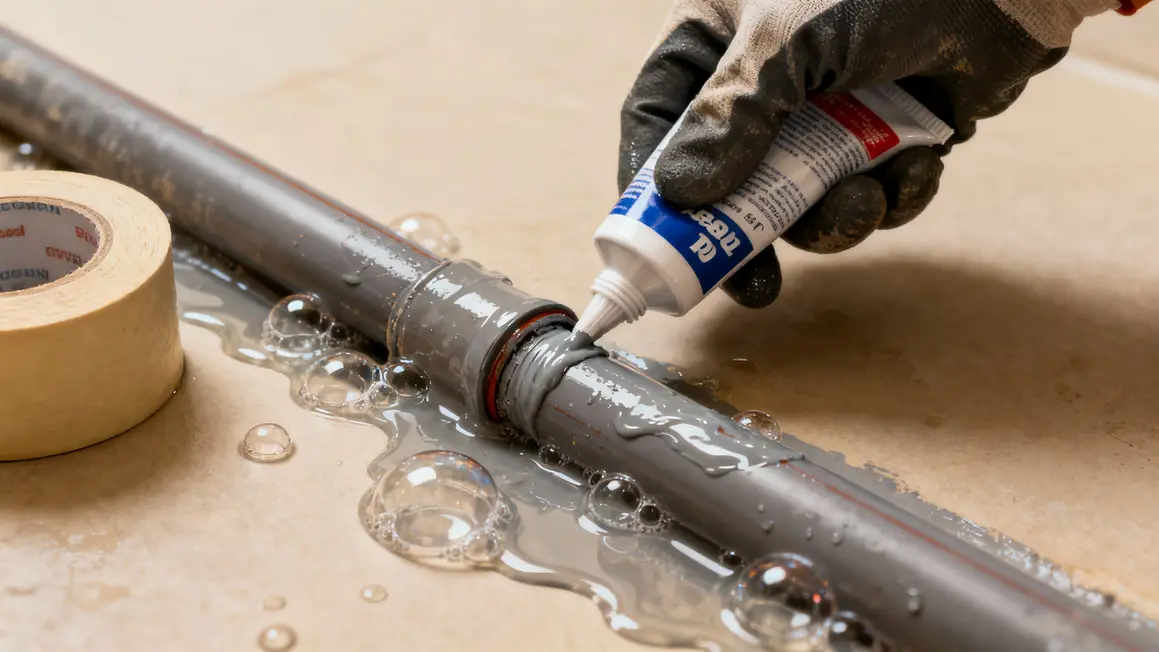 Application mastic epoxy ruban fuite raccord PVC