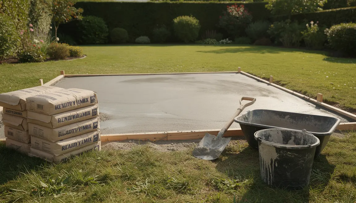 sac beton tout pret pile dalle fraiche outils jardin