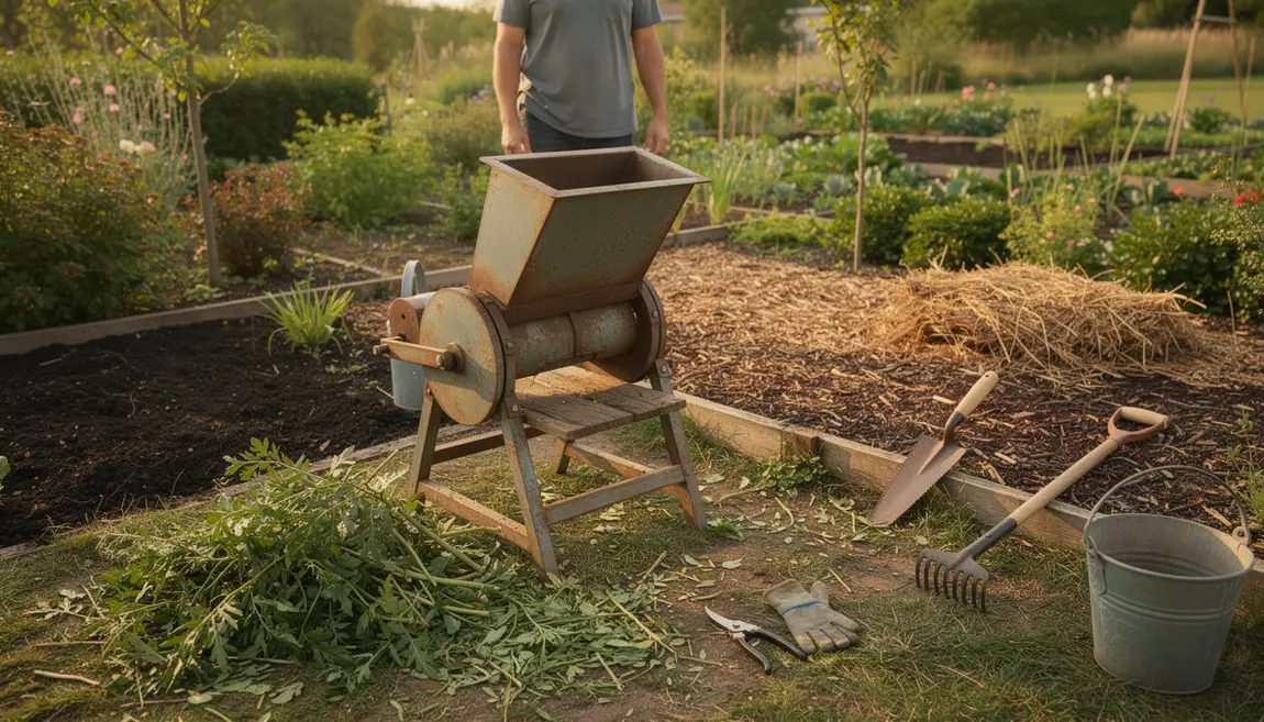 Broyeur vegetaux manuel artisanal au jardin verdoyant