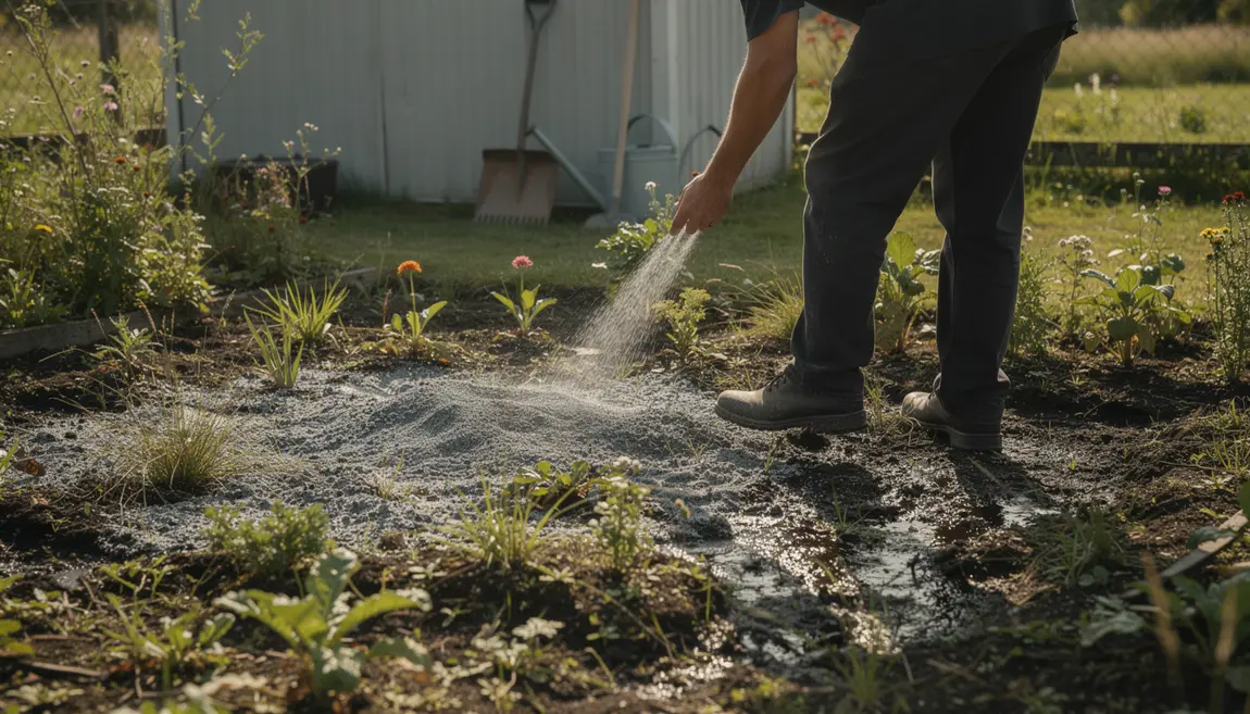 jardinier applique cendre de bois sur sol humide début été