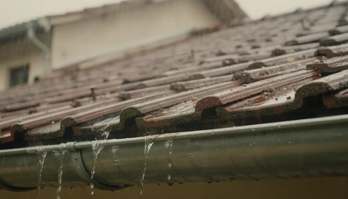 Toit maison avec distance entre tuiles et gouttiere sous la pluie
