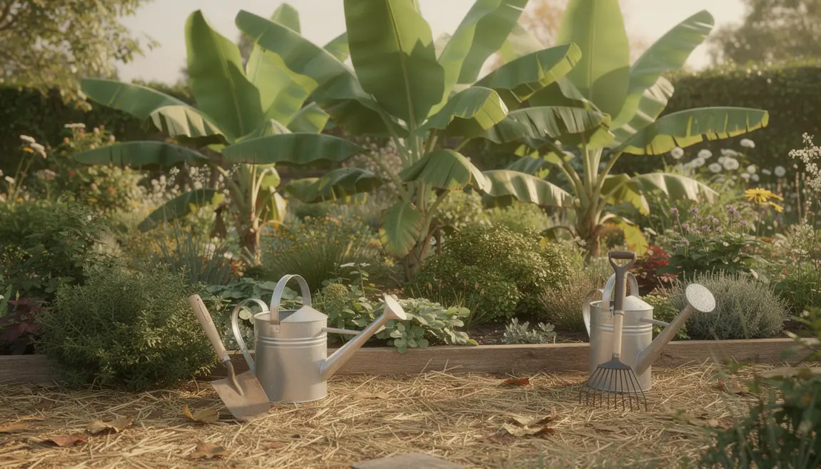 Jardin tempéré avec bananiers feuillage vert