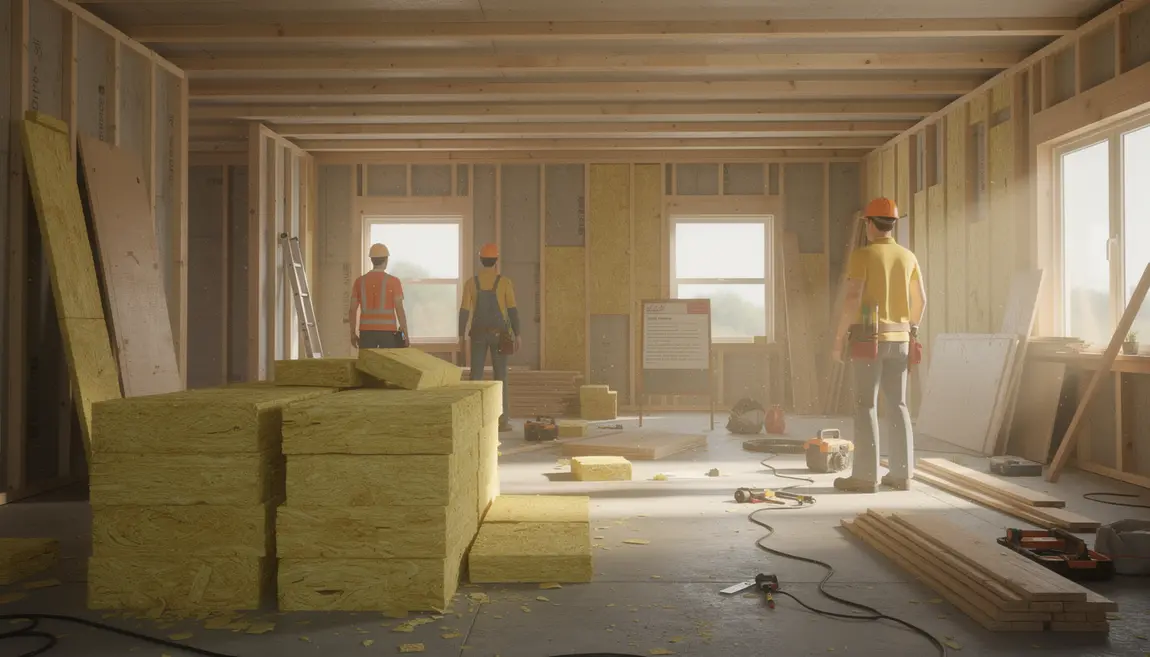 chantier avec laine de verre pour isoler 100 m2