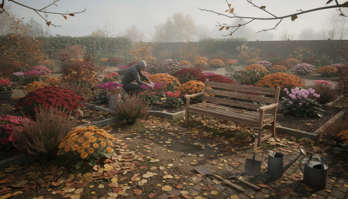 Jardin fleuri automne chrysanthèmes bruyères cyclamens novembre