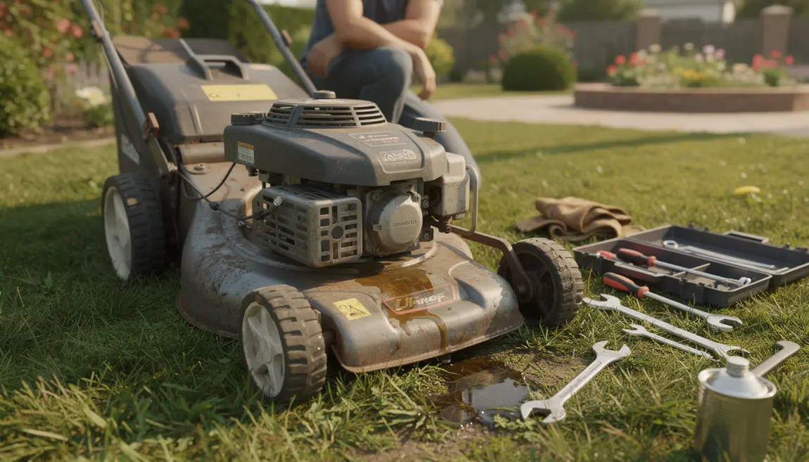 Tondeuse en panne moteur noyé sur pelouse outils entretien