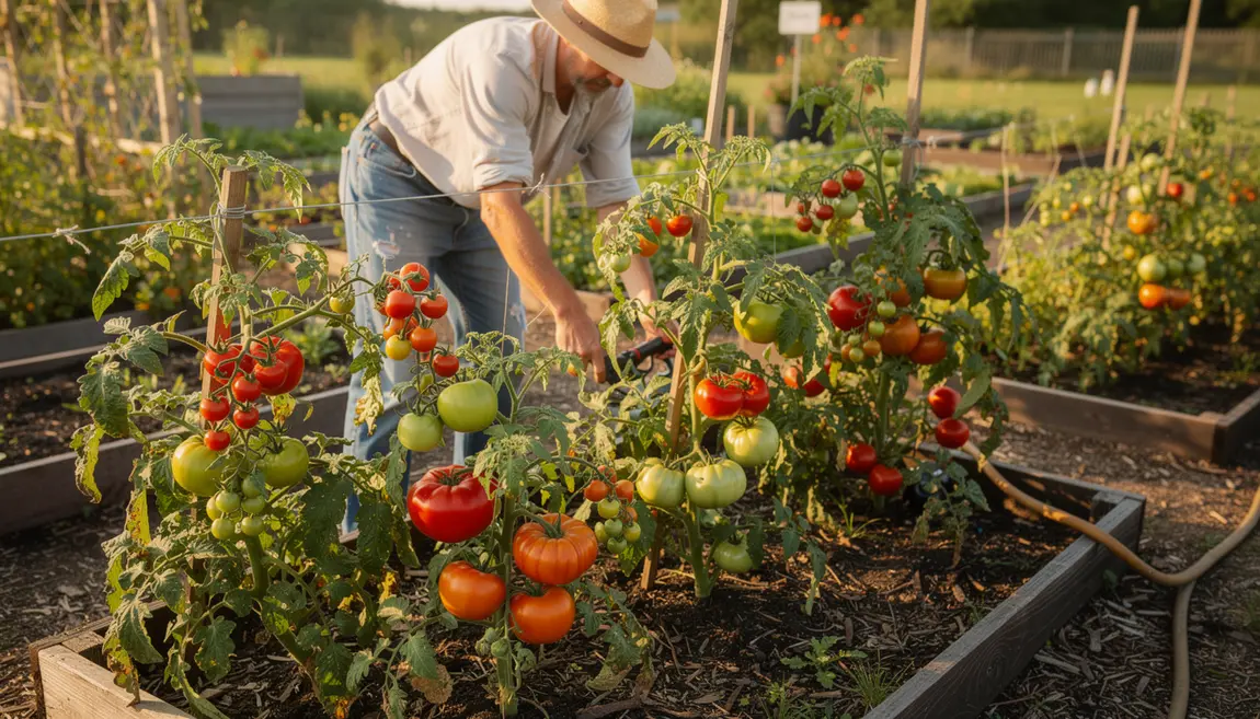 Potager avec tomates variées et jardinier en été