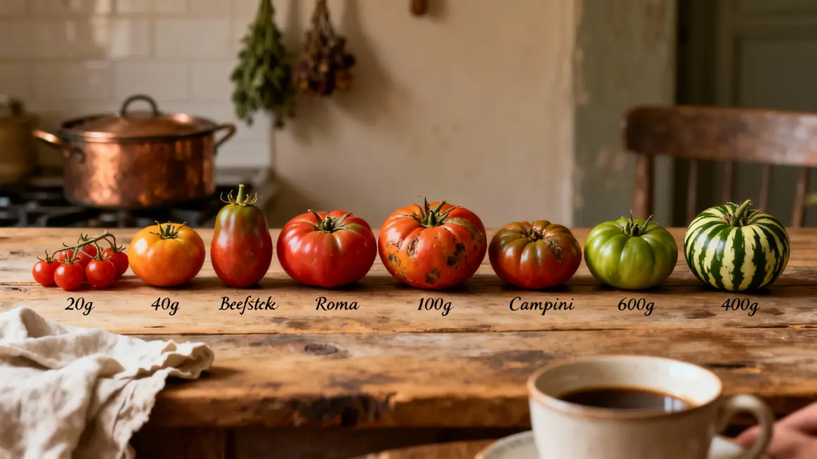 Sept tomates différentes avec poids moyen inscrit