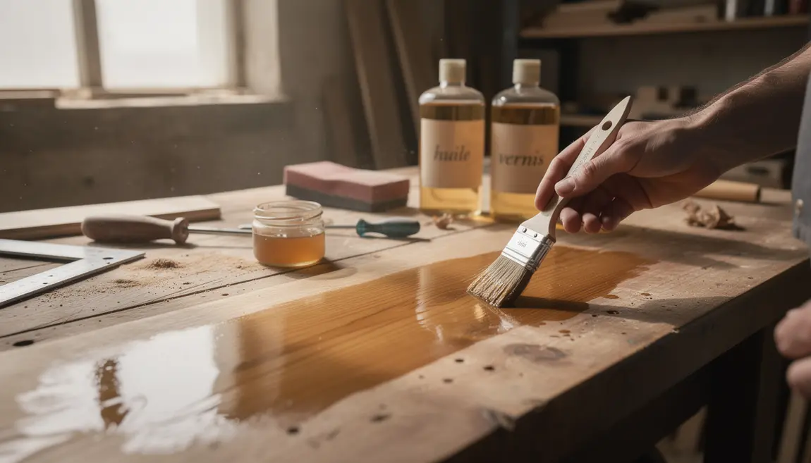Application de vernis sur bois huilé sur plan de travail