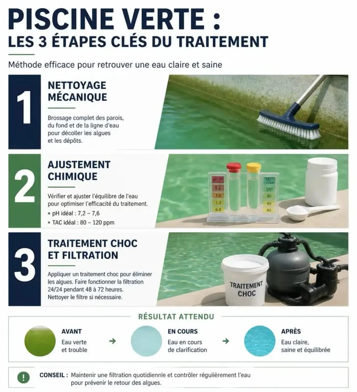 Infographie des étapes de traitement d'une piscine envahie par des algues vertes