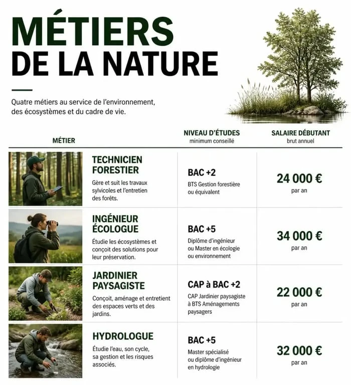 Tableau comparatif des métiers dans la nature : études et salaires pour technicien forestier, ingénieur écologue, jardinier paysagiste et hydrologue.