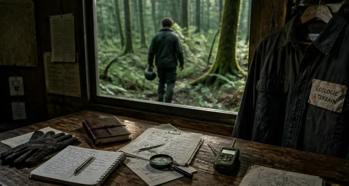 Metier dans la nature : technicien forestier en sous-bois, outils d’écologie sur table