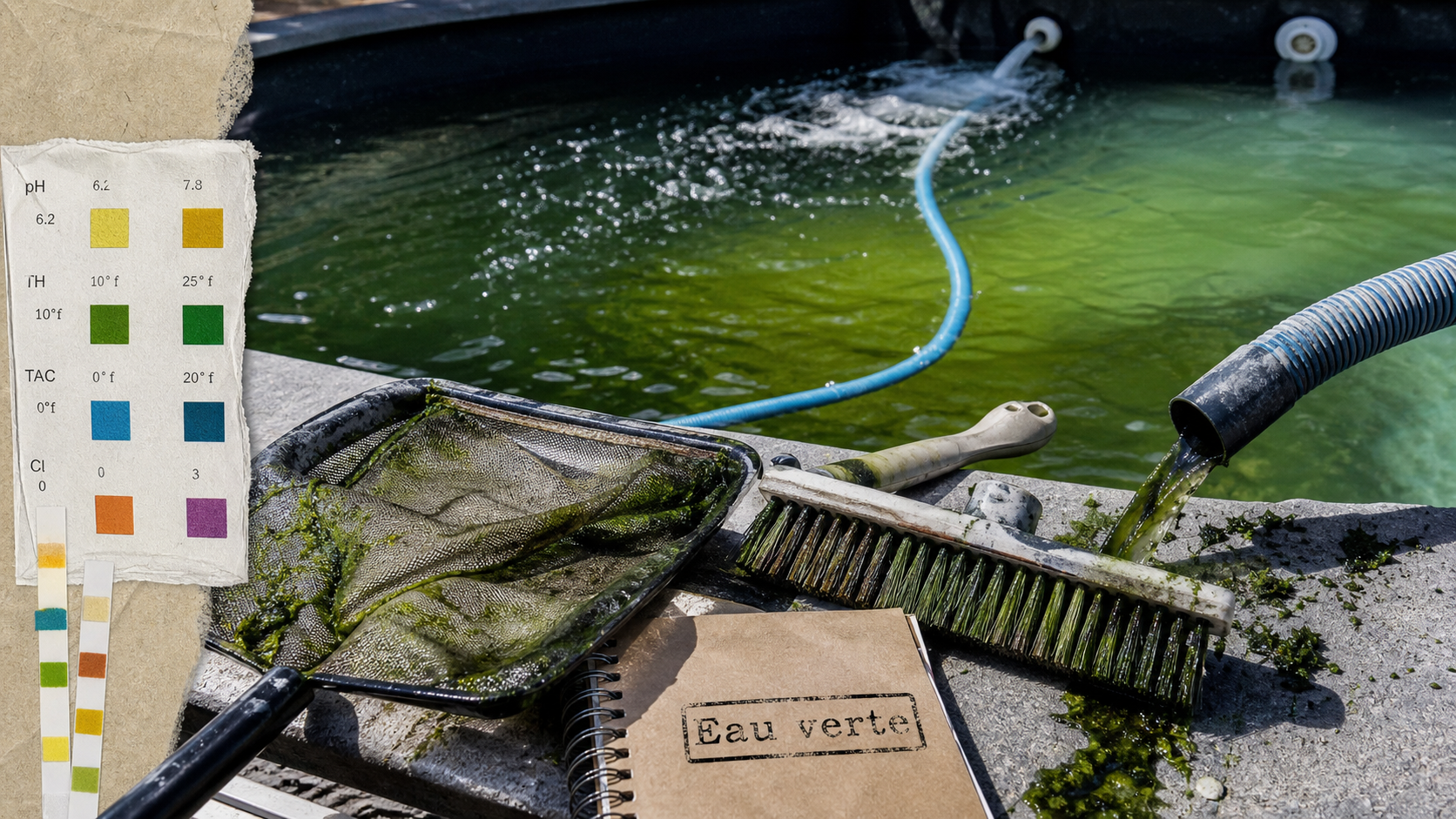 Piscine algue verte : épuisette, brosse et évacuation des algues, pH à ajuster