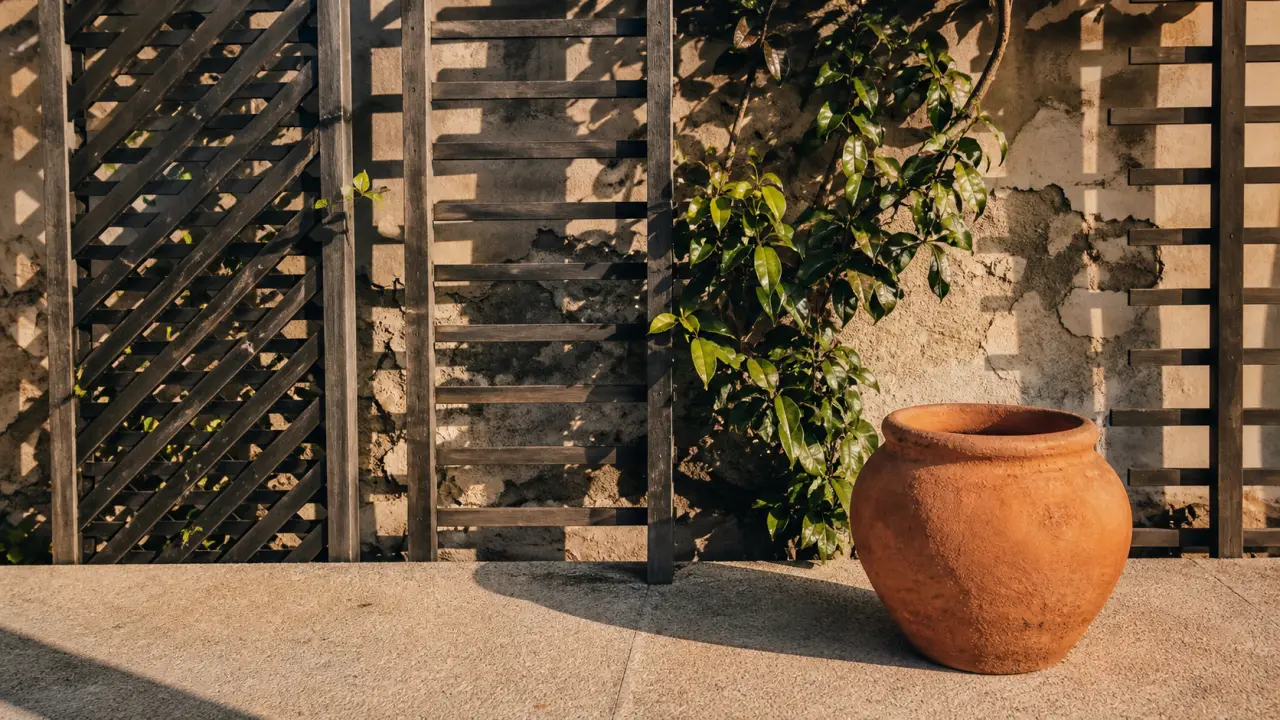 Cache mur extérieur avec treillis en bois et panneaux décoratifs, plante grimpante