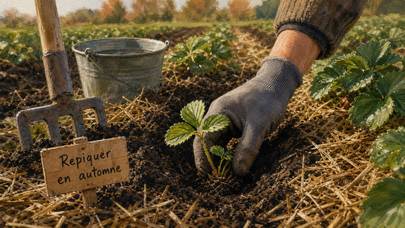 Quand repiquer des fraisiers : main place un jeune fraisier en automne