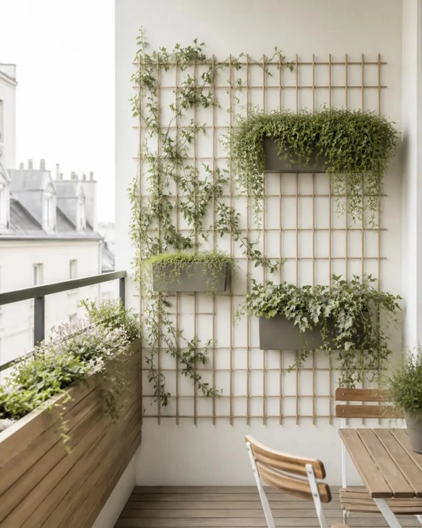 Idée pour cacher un mur extérieur sur un balcon avec treillis et jardinières